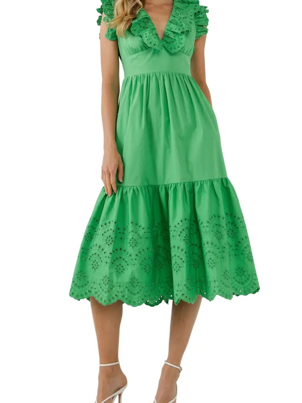 English Factory Green Scalloped Eyelet Ruffle V-Neck Midi Dress XS NWT